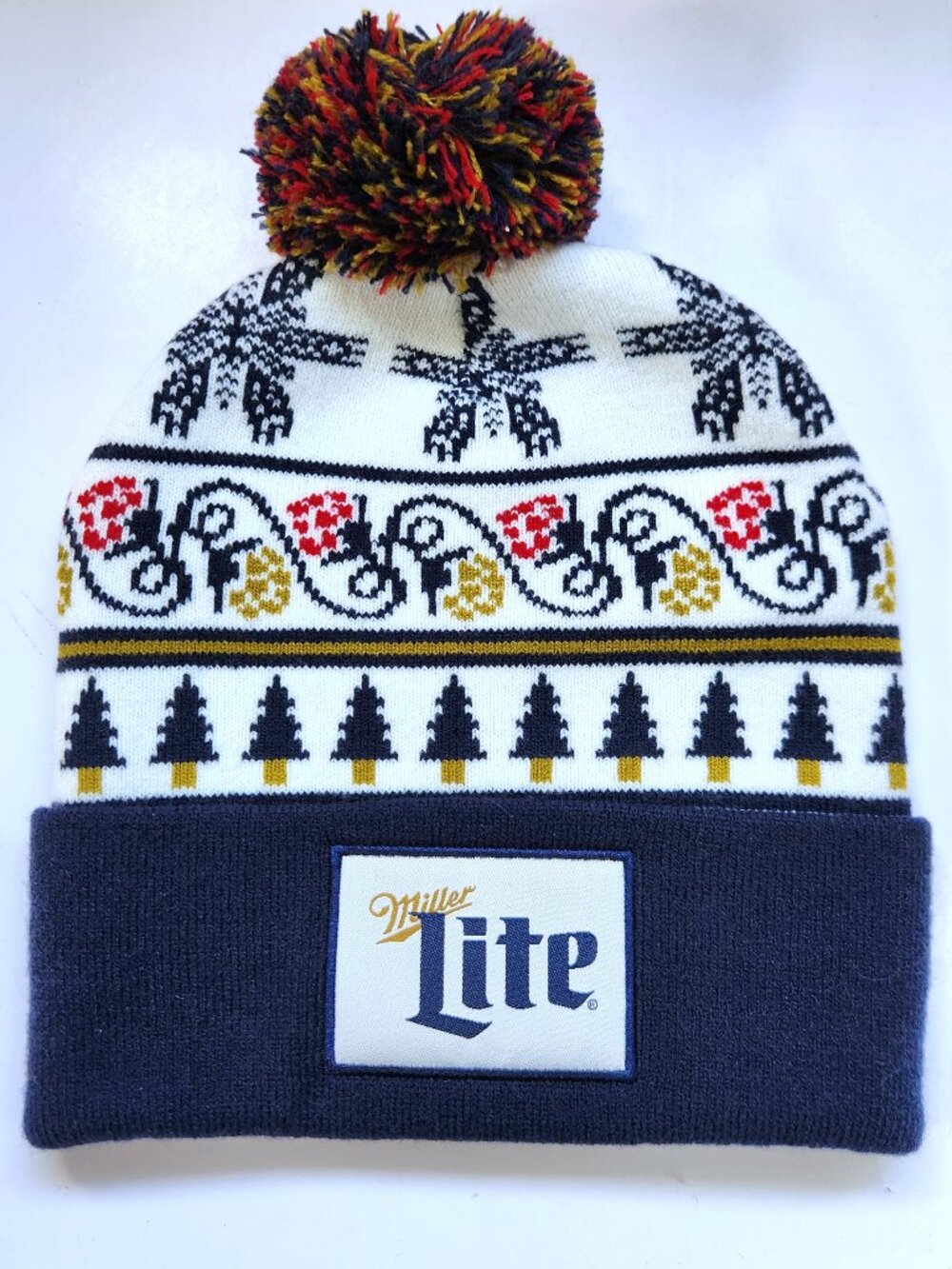 Miller Lite Beer Christmas Beanie Hat Fair Isle Holiday Winter Pom Toque Cuffed